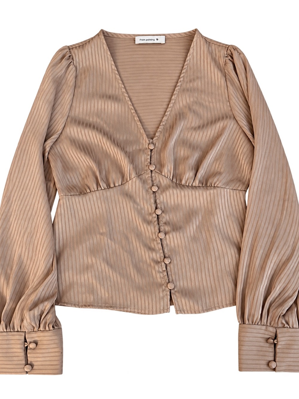 From Palmer Taupe Satin Look Button Front Blouse Puff Sleeve Size S
